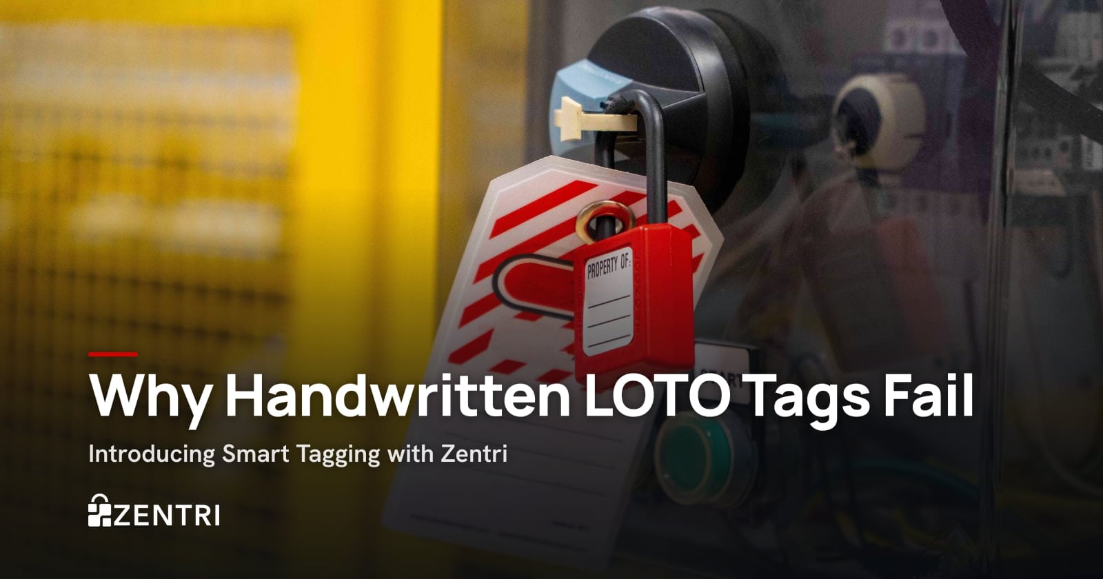Red lockout padlock and write-in tag on a machine start button